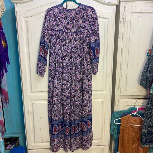 VINTAGE 70’s HIPPIE BLOCK PRINT INDIAN COTTON FESTIVAL BOHO MAXIDRESS - Picture 7 of 11